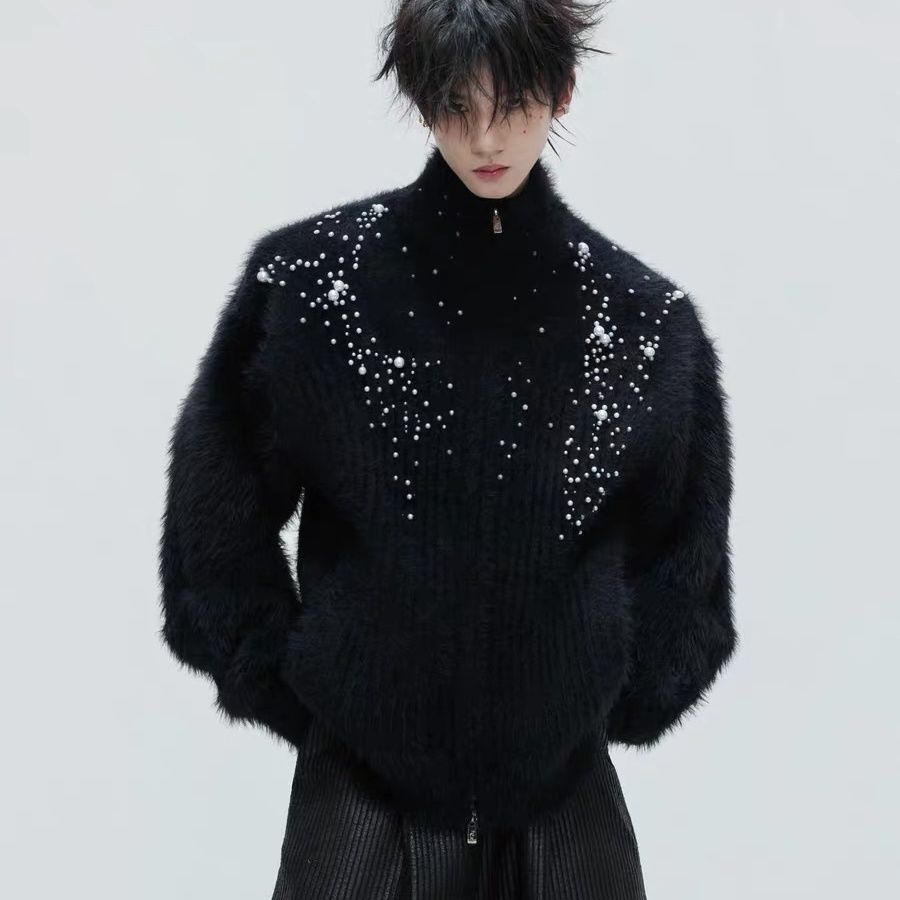 Embellish Knit - High Collar Plush Pearl Embellished Sweater